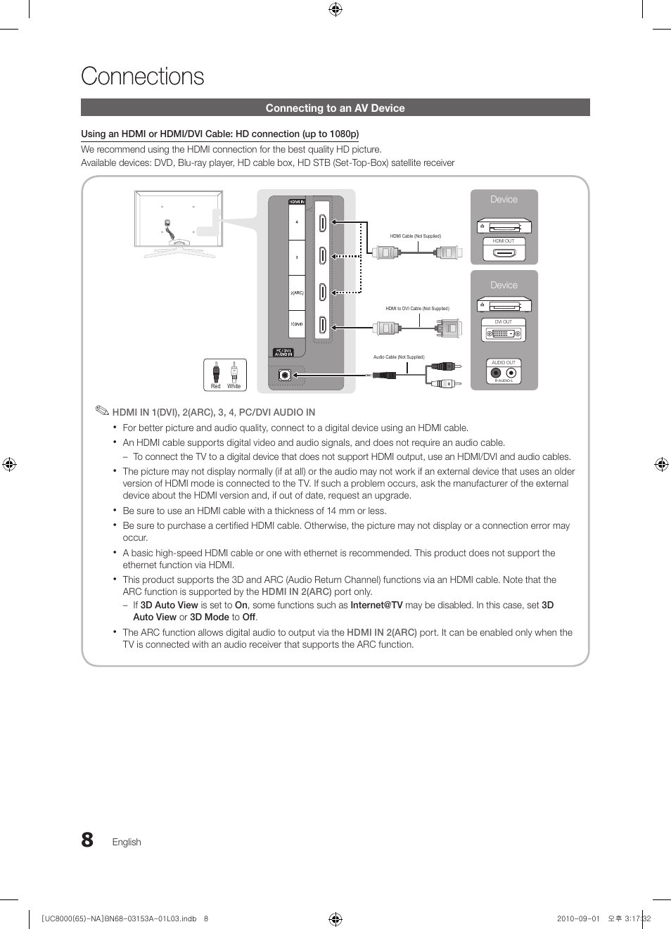 Connections, Connecting to an av device | Samsung UN65C8000XFXZA User Manual | Page 8 / 199