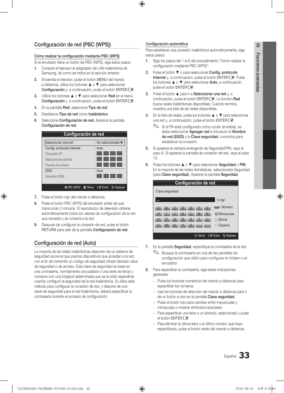 Configuración de red (pbc (wps)), Configuración de red (auto) | Samsung UN65C8000XFXZA User Manual | Page 99 / 199