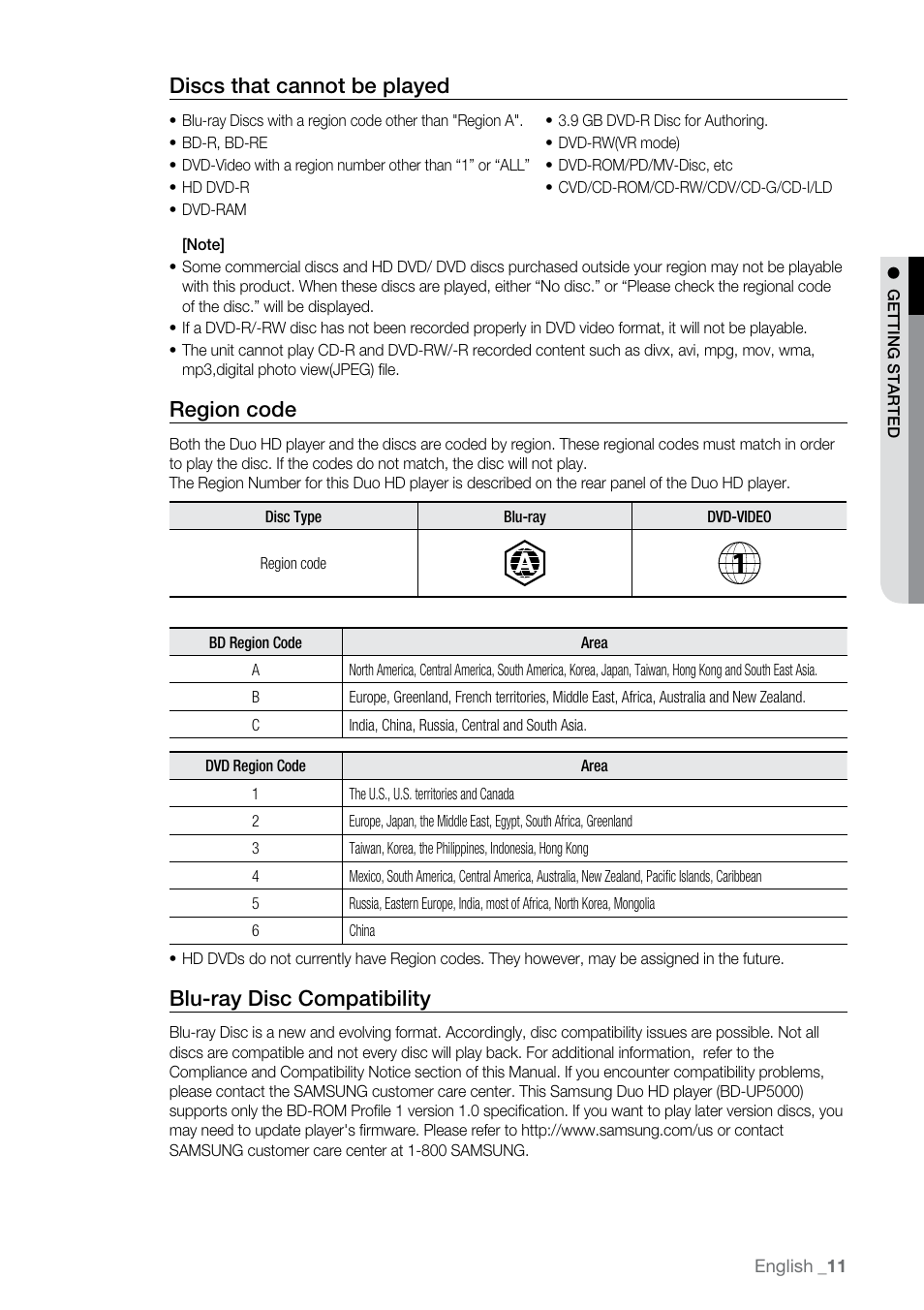 Discs that cannot be played, Region code, Blu-ray disc compatibility | Samsung BD-UP5000-XAA User Manual | Page 12 / 69