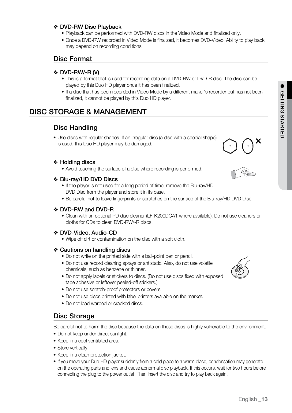 Disc storage & management, Disc format, Disc handling | Disc storage | Samsung BD-UP5000-XAA User Manual | Page 14 / 69