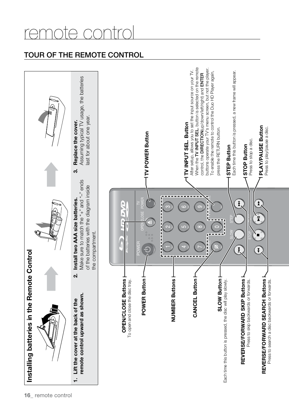 Remote control, Tour of the remote control, Installing batteries in the remote control | Samsung BD-UP5000-XAA User Manual | Page 17 / 69