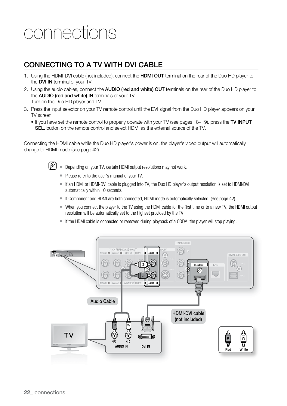 Connecting to a tv with dvi cable, Connections | Samsung BD-UP5000-XAA User Manual | Page 23 / 69