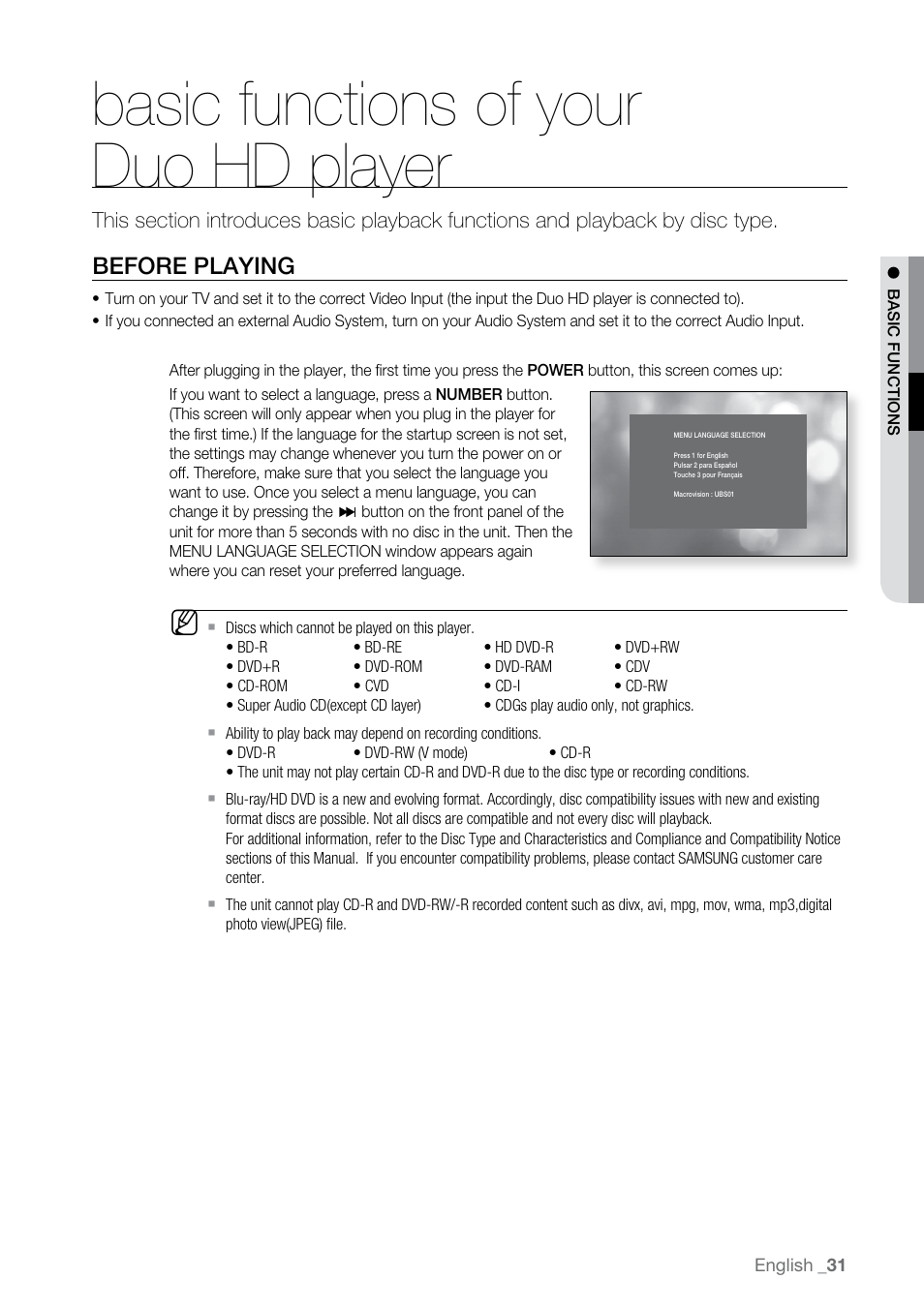 Basic functions of your duo hd player, Before playing | Samsung BD-UP5000-XAA User Manual | Page 32 / 69