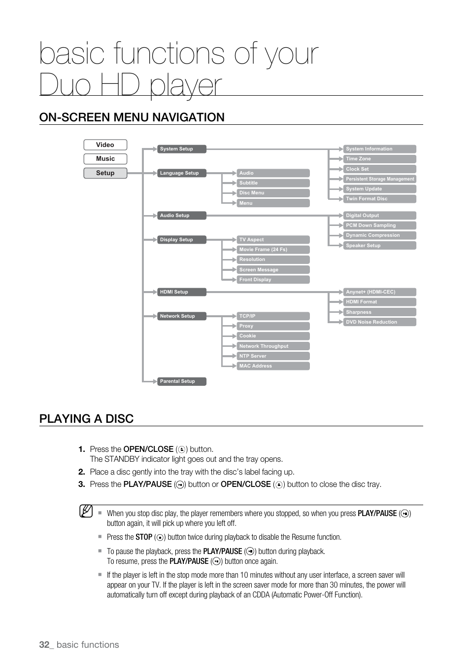On-screen menu navigation, Playing a disc, Basic functions of your duo hd player | On-screen menu navigation playing a disc | Samsung BD-UP5000-XAA User Manual | Page 33 / 69