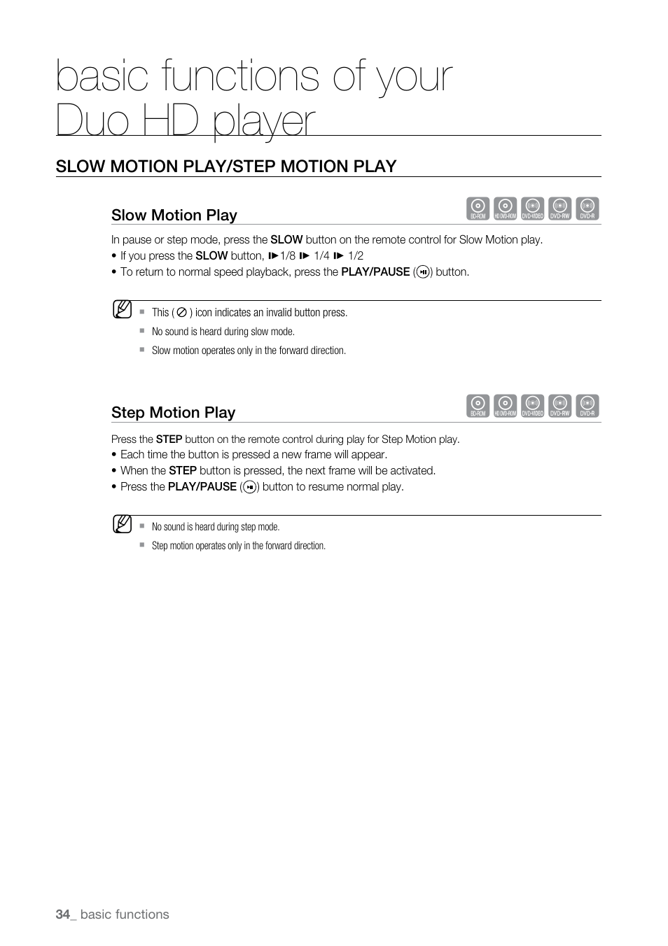 Slow motion play/step motion play, Basic functions of your duo hd player, Hazcv | Samsung BD-UP5000-XAA User Manual | Page 35 / 69