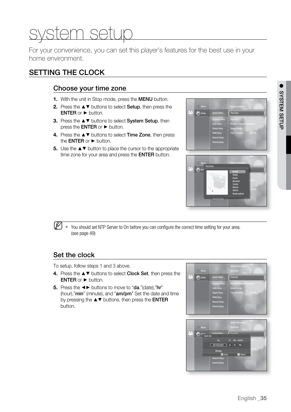 System setup, Setting the clock, Choose your time zone | Set the clock, English | Samsung BD-UP5000-XAA User Manual | Page 36 / 69