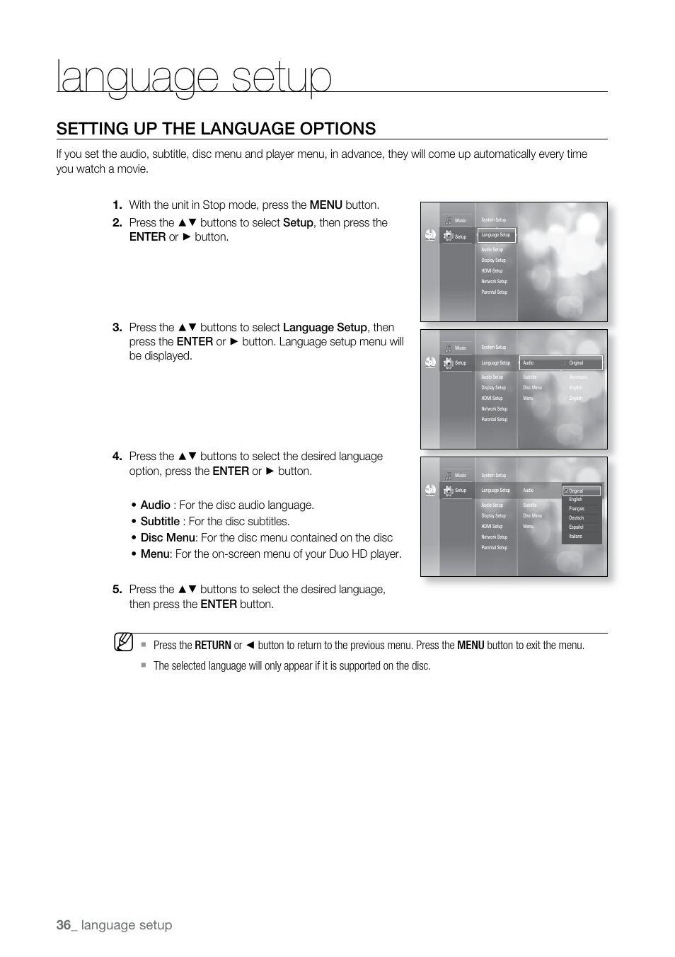 Language setup, Setting up the language options | Samsung BD-UP5000-XAA User Manual | Page 37 / 69