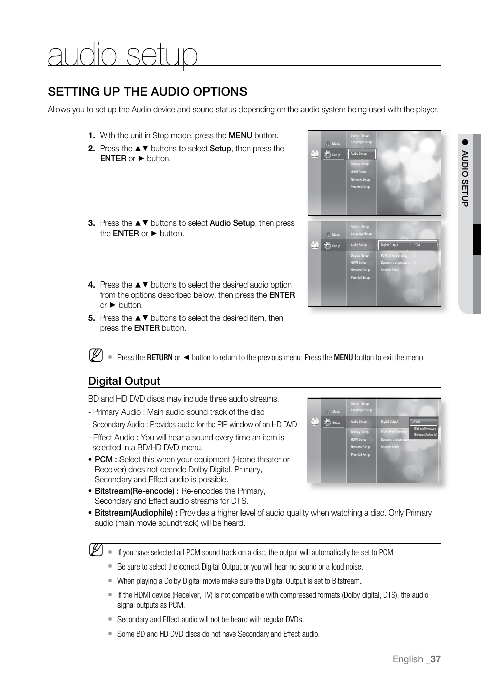 Audio setup, Setting up the audio options, Digital output | English, Audio s e tup | Samsung BD-UP5000-XAA User Manual | Page 38 / 69