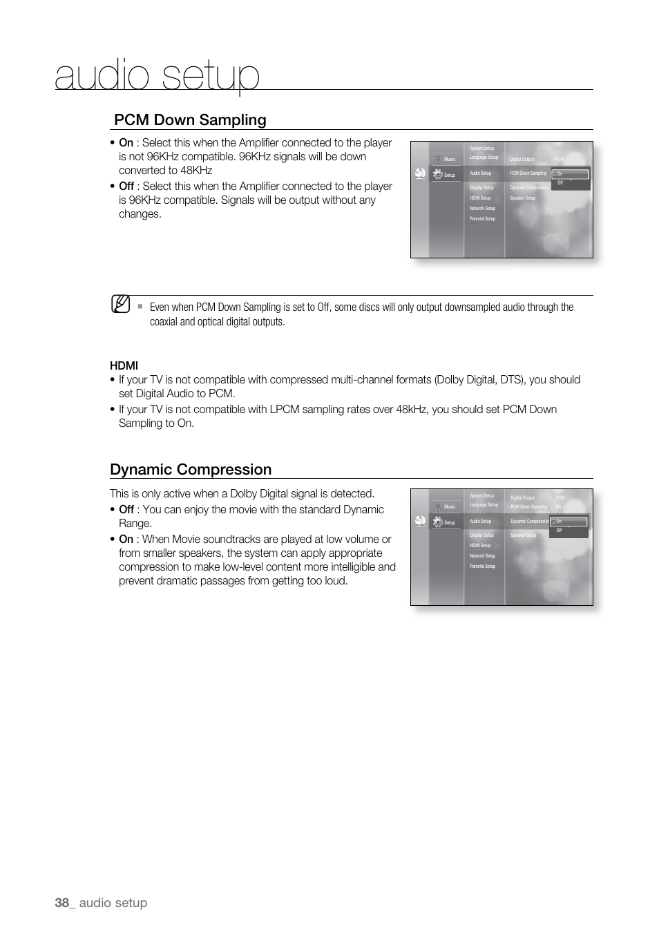 Pcm down sampling, Dynamic compression, Audio setup | Samsung BD-UP5000-XAA User Manual | Page 39 / 69