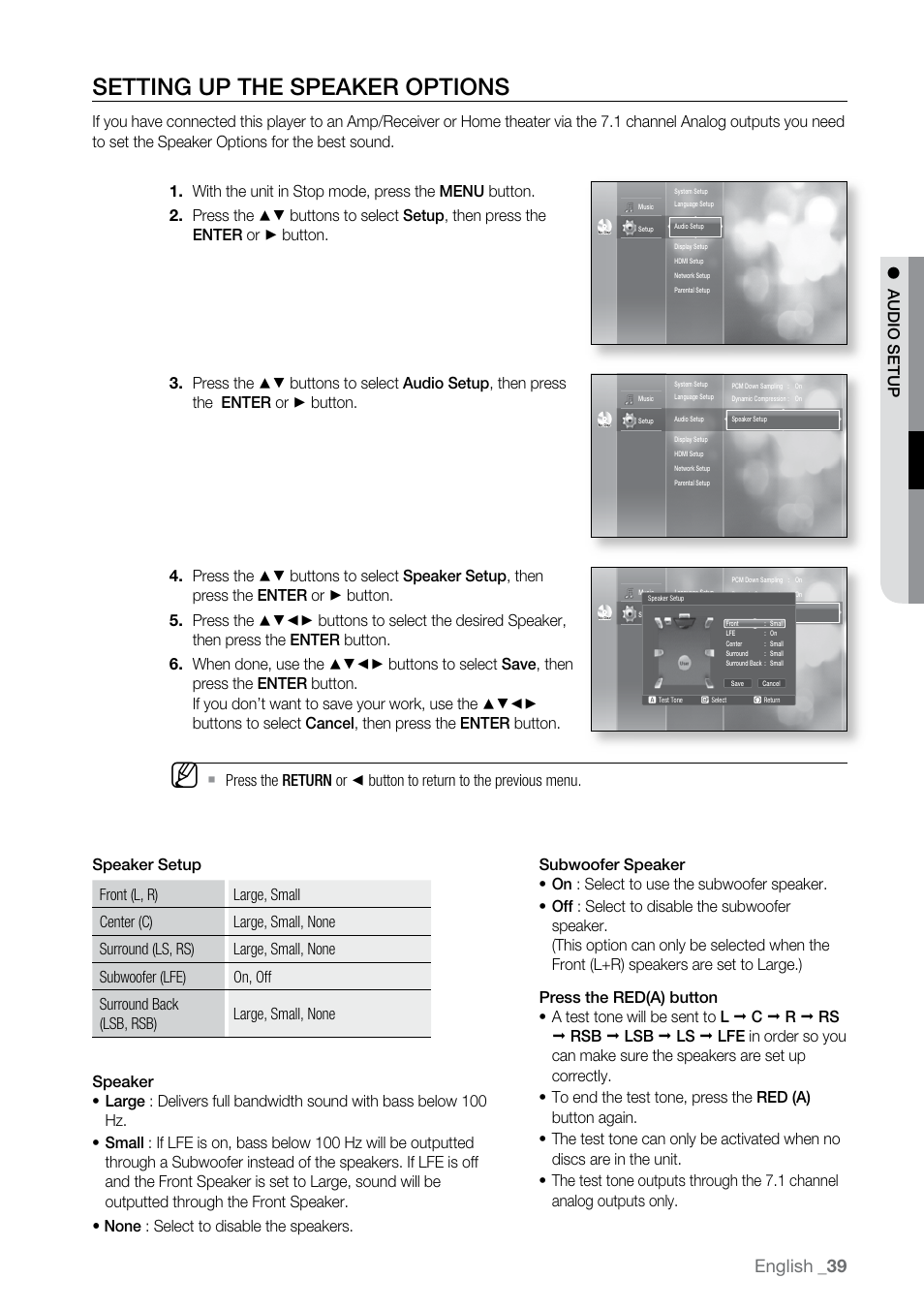 Setting up the speaker options, English, Audio s e tup | Samsung BD-UP5000-XAA User Manual | Page 40 / 69
