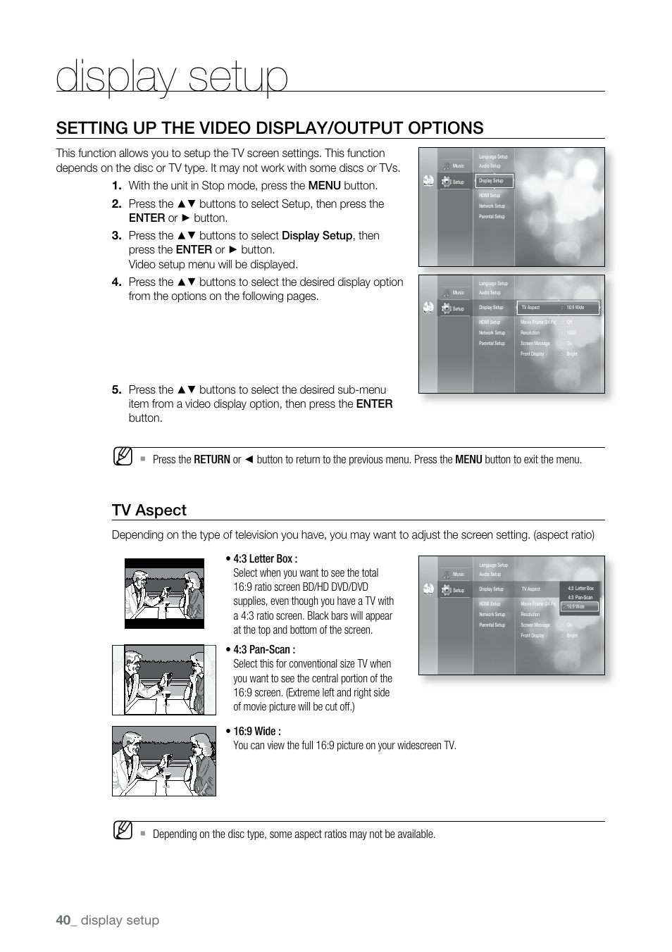 Display setup, Setting up the video display/output options, Tv aspect | Samsung BD-UP5000-XAA User Manual | Page 41 / 69