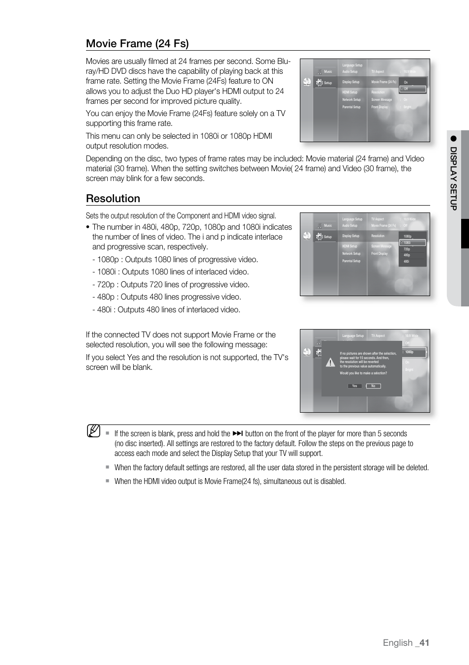 Movie frame (24 fs), Resolution, English | Display s e tup | Samsung BD-UP5000-XAA User Manual | Page 42 / 69