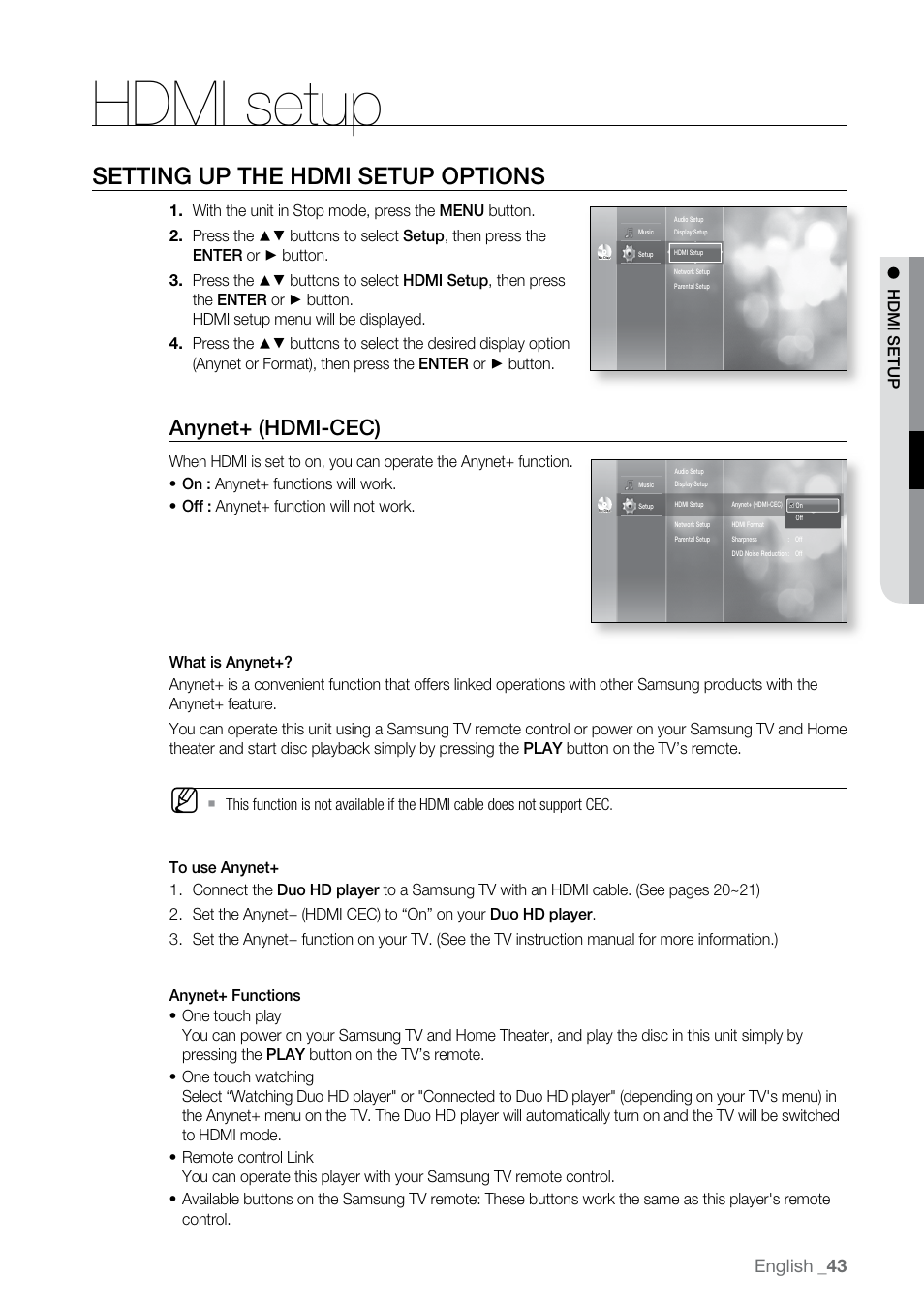 Hdmi setup, Setting up the hdmi setup options, Anynet+ (hdmi-cec) | English | Samsung BD-UP5000-XAA User Manual | Page 44 / 69