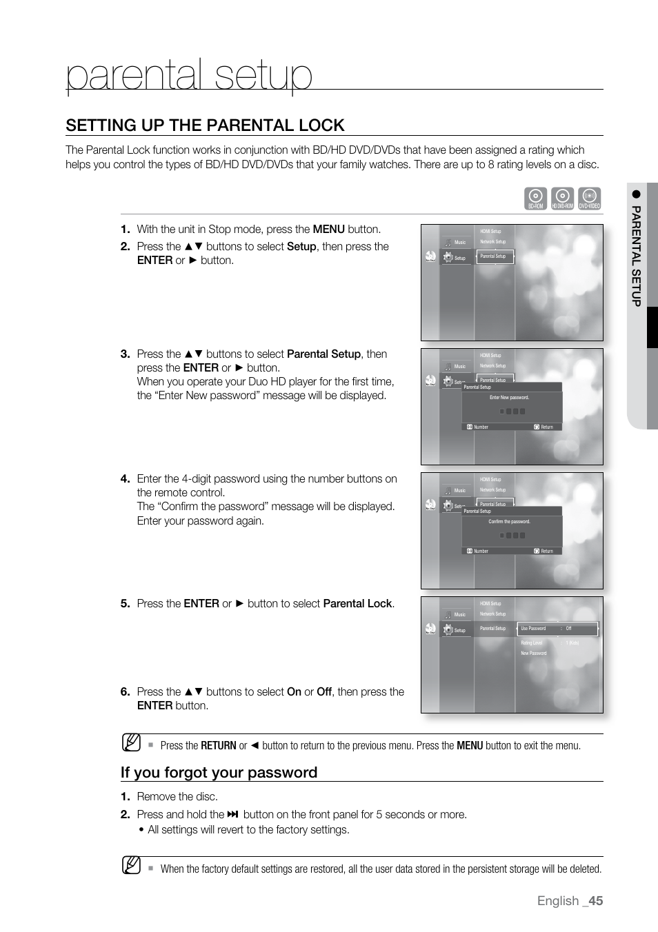 Parental setup, Setting up the parental lock, If you forgot your password | English, Par e ntal s e tup | Samsung BD-UP5000-XAA User Manual | Page 46 / 69