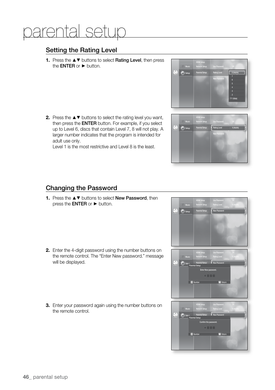 Setting the rating level, Changing the password, Parental setup | Samsung BD-UP5000-XAA User Manual | Page 47 / 69