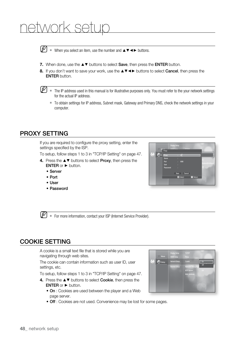 Proxy setting, Cookie setting, Network setup | Samsung BD-UP5000-XAA User Manual | Page 49 / 69