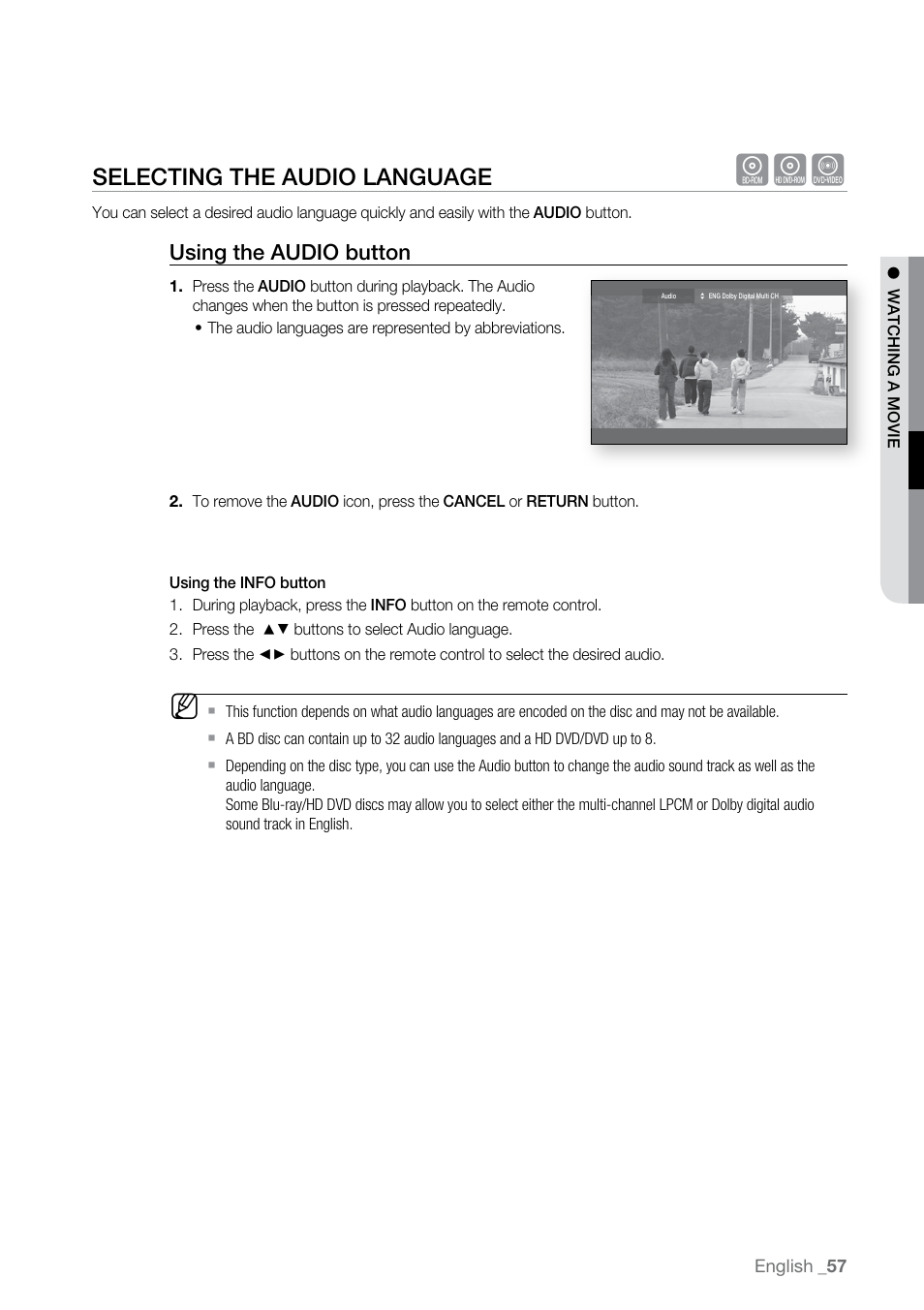 Selecting the audio language haz, Selecting the audio language, Using the audio button | Samsung BD-UP5000-XAA User Manual | Page 58 / 69