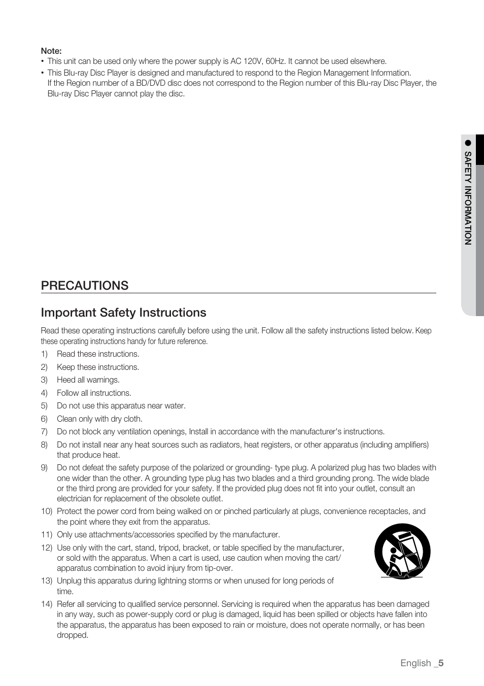 Precautions, Precautions important safety instructions | Samsung BD-UP5000-XAA User Manual | Page 6 / 69