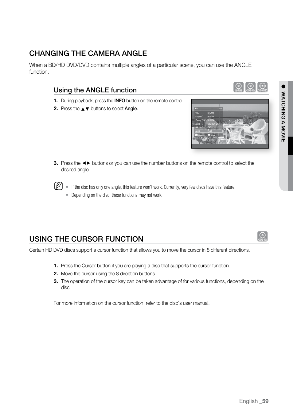 Changing the camera angle, Using the cursor function, Using the angle function | Samsung BD-UP5000-XAA User Manual | Page 60 / 69