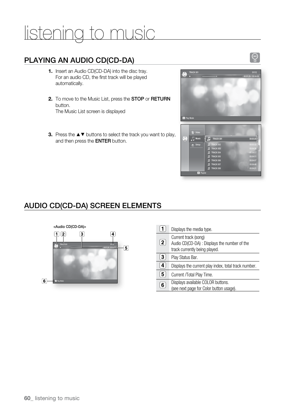 Listening to music, Playing an audio cd(cd-da) b, Audio cd(cd-da) screen elements | Playing an audio cd(cd-da) | Samsung BD-UP5000-XAA User Manual | Page 61 / 69