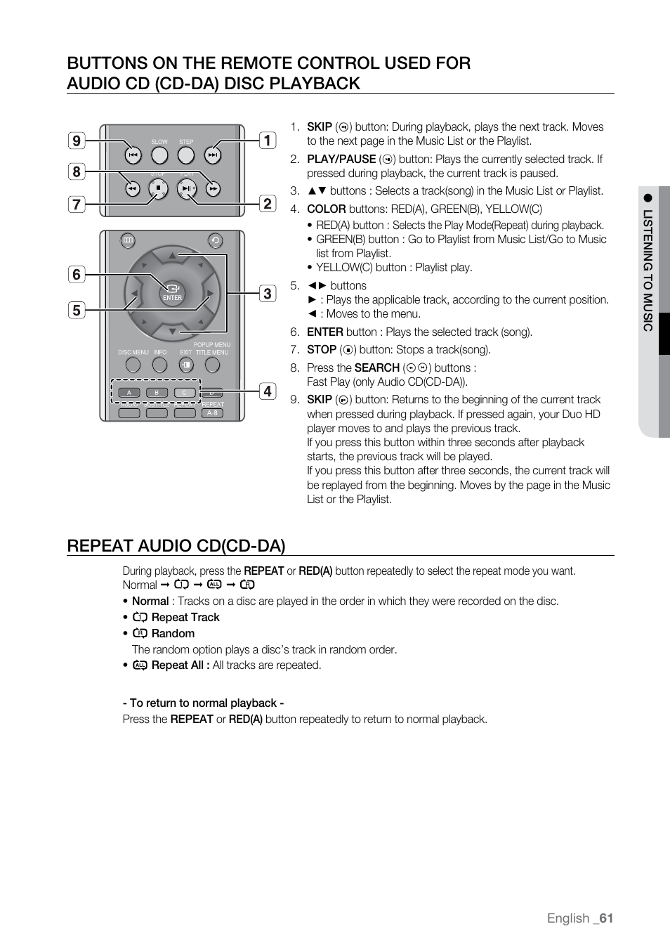 Repeat audio cd(cd-da) | Samsung BD-UP5000-XAA User Manual | Page 62 / 69