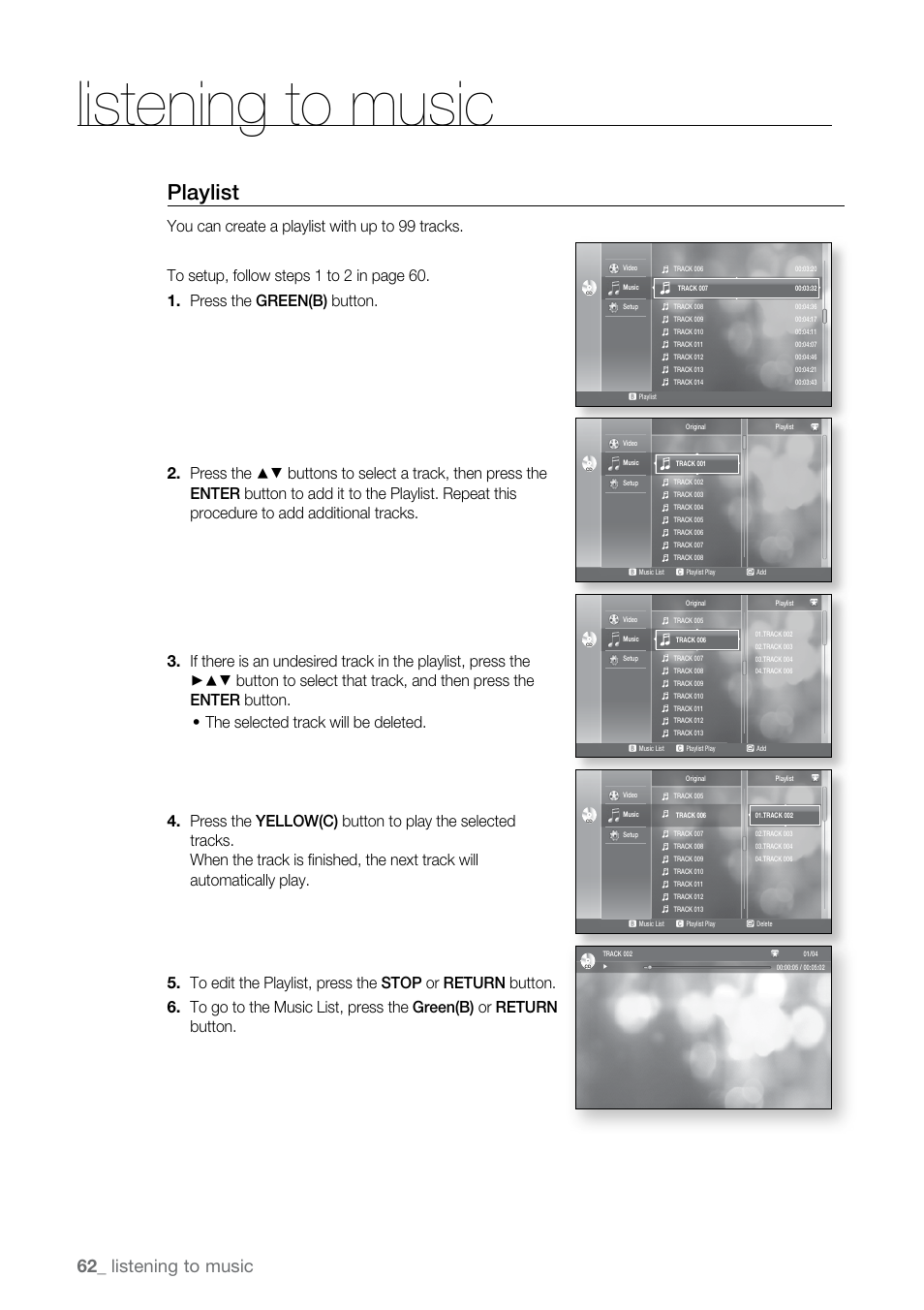 Playlist, Listening to music | Samsung BD-UP5000-XAA User Manual | Page 63 / 69