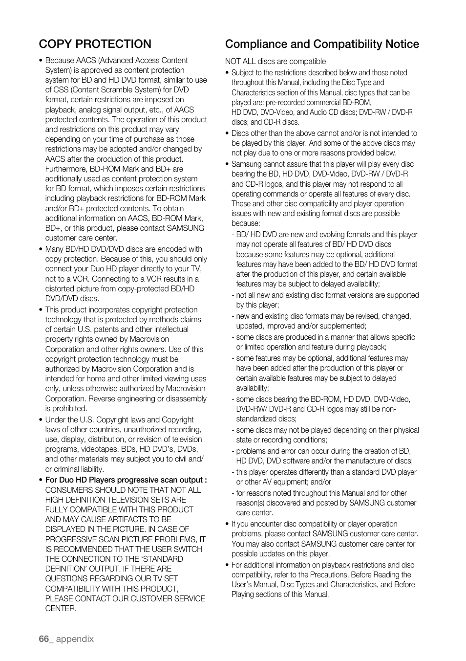 Copy protection, Compliance and compatibility notice | Samsung BD-UP5000-XAA User Manual | Page 67 / 69
