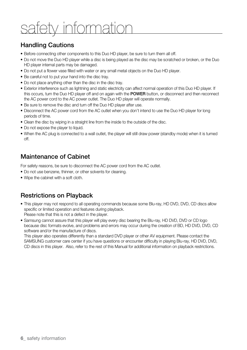 Safety information, Handling cautions, Maintenance of cabinet | Restrictions on playback | Samsung BD-UP5000-XAA User Manual | Page 7 / 69