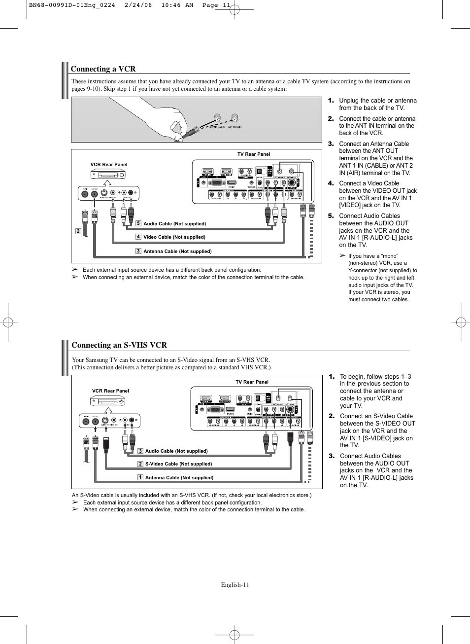 Connecting a vcr, Connecting an s-vhs vcr | Samsung SPS4243X-XAC User Manual | Page 11 / 64
