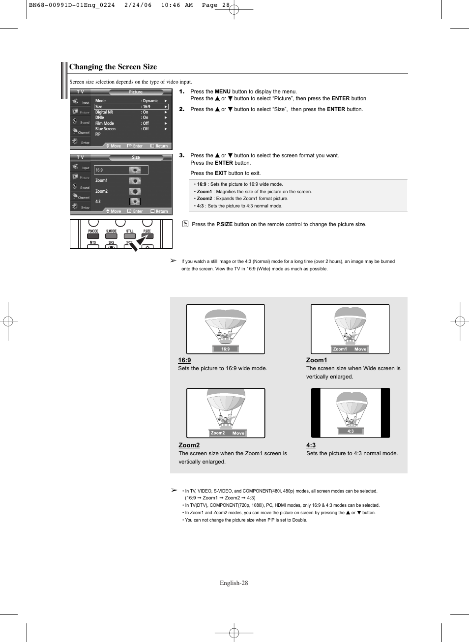 Changing the screen size | Samsung SPS4243X-XAC User Manual | Page 28 / 64