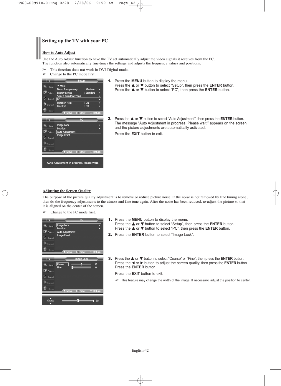 Setting up the tv with your pc | Samsung SPS4243X-XAC User Manual | Page 42 / 64