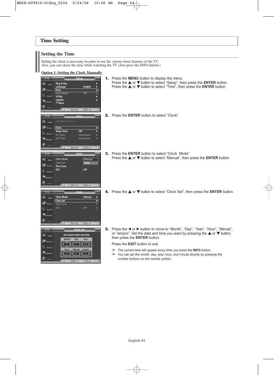 Time setting, Setting the time | Samsung SPS4243X-XAC User Manual | Page 44 / 64