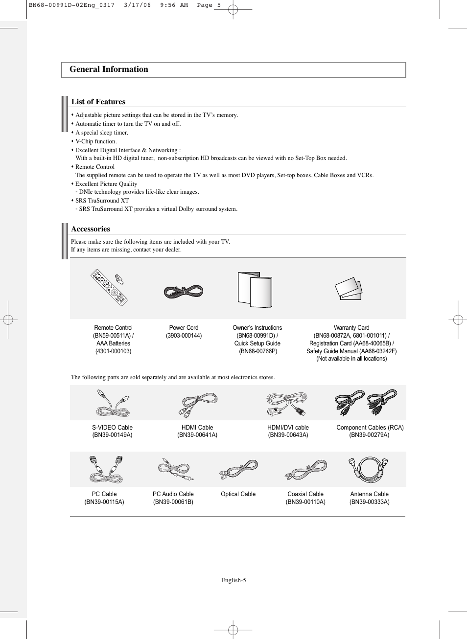 General information, List of features, Accessories | Samsung SPS4243X-XAC User Manual | Page 5 / 64