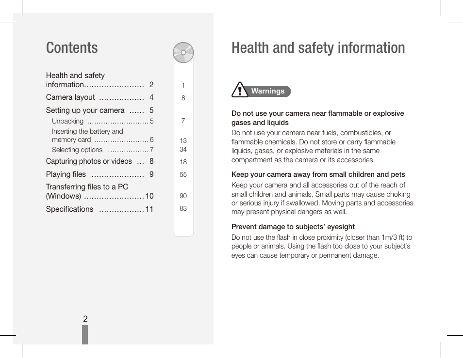 Health and safety information contents | Samsung EC-SL35ZZBARUS User Manual | Page 2 / 22