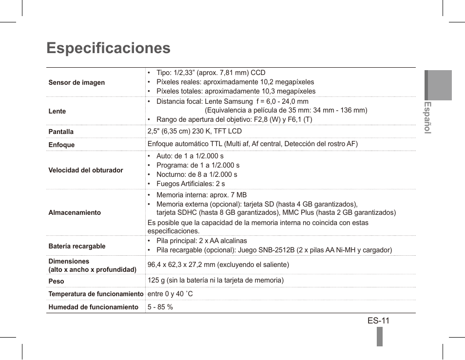 Especificaciones | Samsung EC-SL35ZZBARUS User Manual | Page 21 / 22