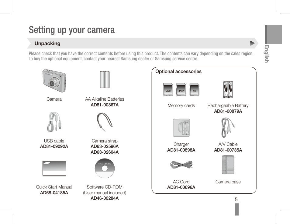 Setting up your camera | Samsung EC-SL35ZZBARUS User Manual | Page 5 / 22
