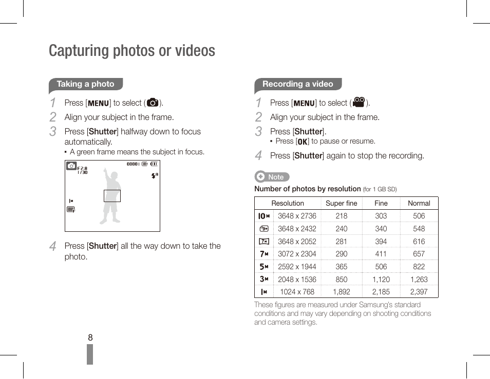 Capturing photos or videos | Samsung EC-SL35ZZBARUS User Manual | Page 8 / 22