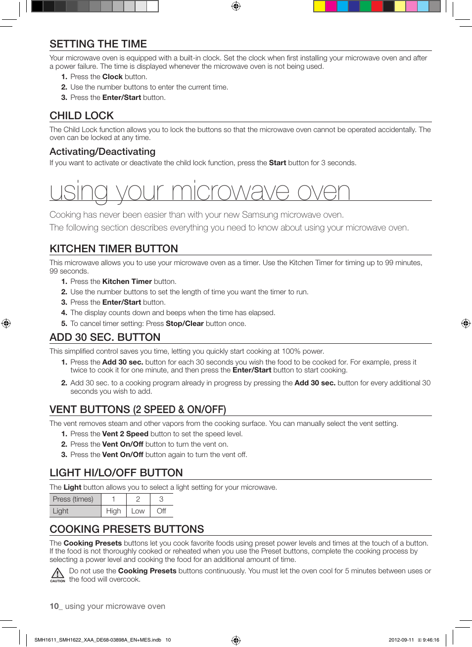Using your microwave oven, Setting the time, Child lock | Kitchen timer button, Add 30 sec. button, Vent buttons (2 speed & on/off), Light hi/lo/off button, Cooking presets buttons | Samsung SMH1622S-XAA User Manual | Page 10 / 48
