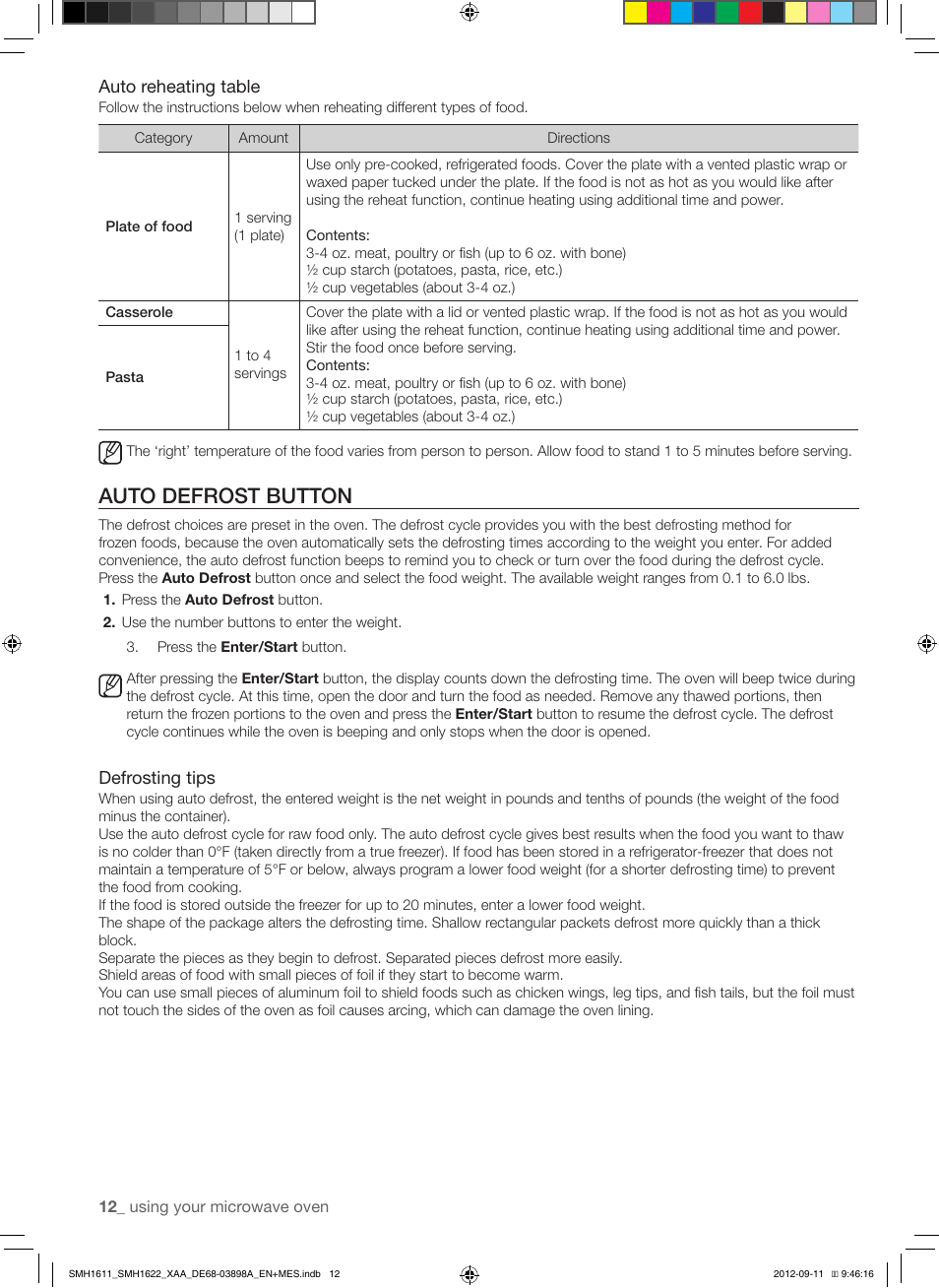 Auto defrost button, Auto reheating table, Defrosting tips | Samsung SMH1622S-XAA User Manual | Page 12 / 48