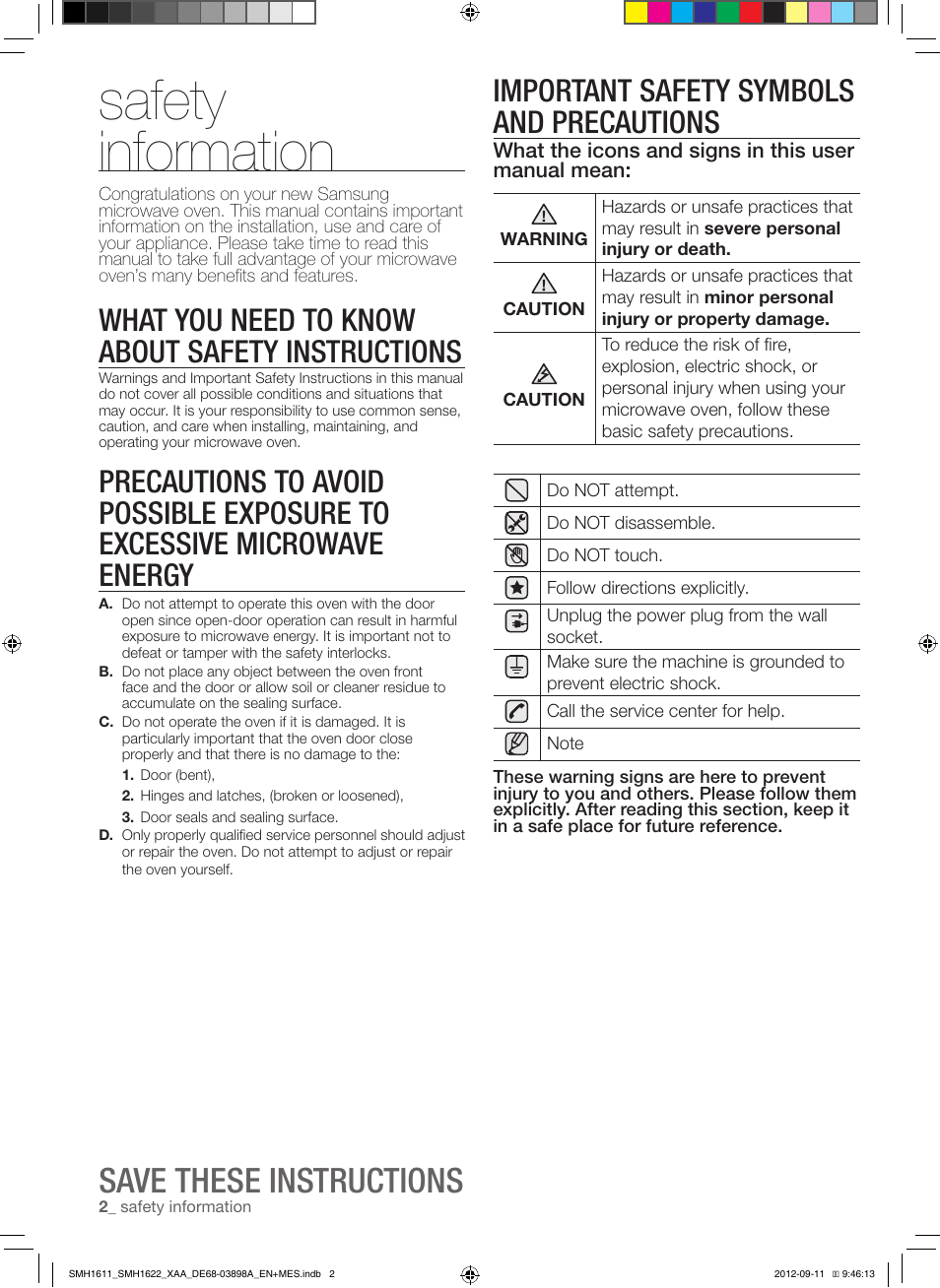 Safety information, Save these instructions, Important safety symbols and precautions | What you need to know about safety instructions | Samsung SMH1622S-XAA User Manual | Page 2 / 48