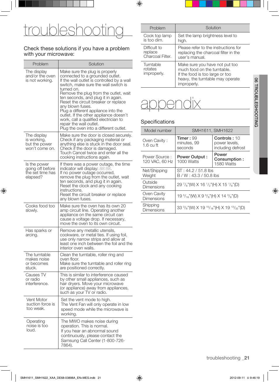 Troubleshooting, Appendix, Specifications | Samsung SMH1622S-XAA User Manual | Page 21 / 48