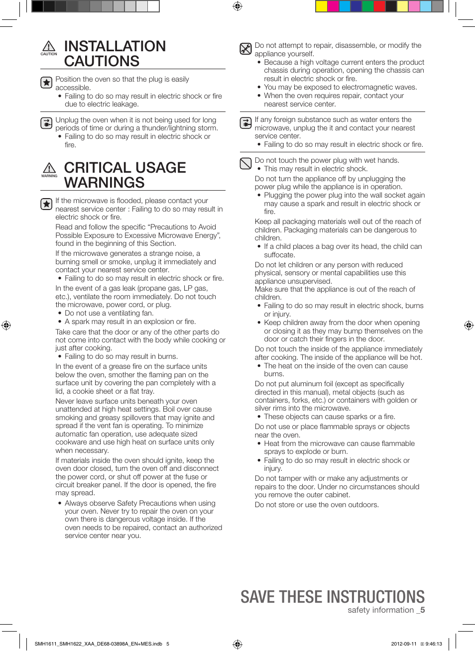Save these instructions, Installation cautions, Critical usage warnings | Samsung SMH1622S-XAA User Manual | Page 5 / 48