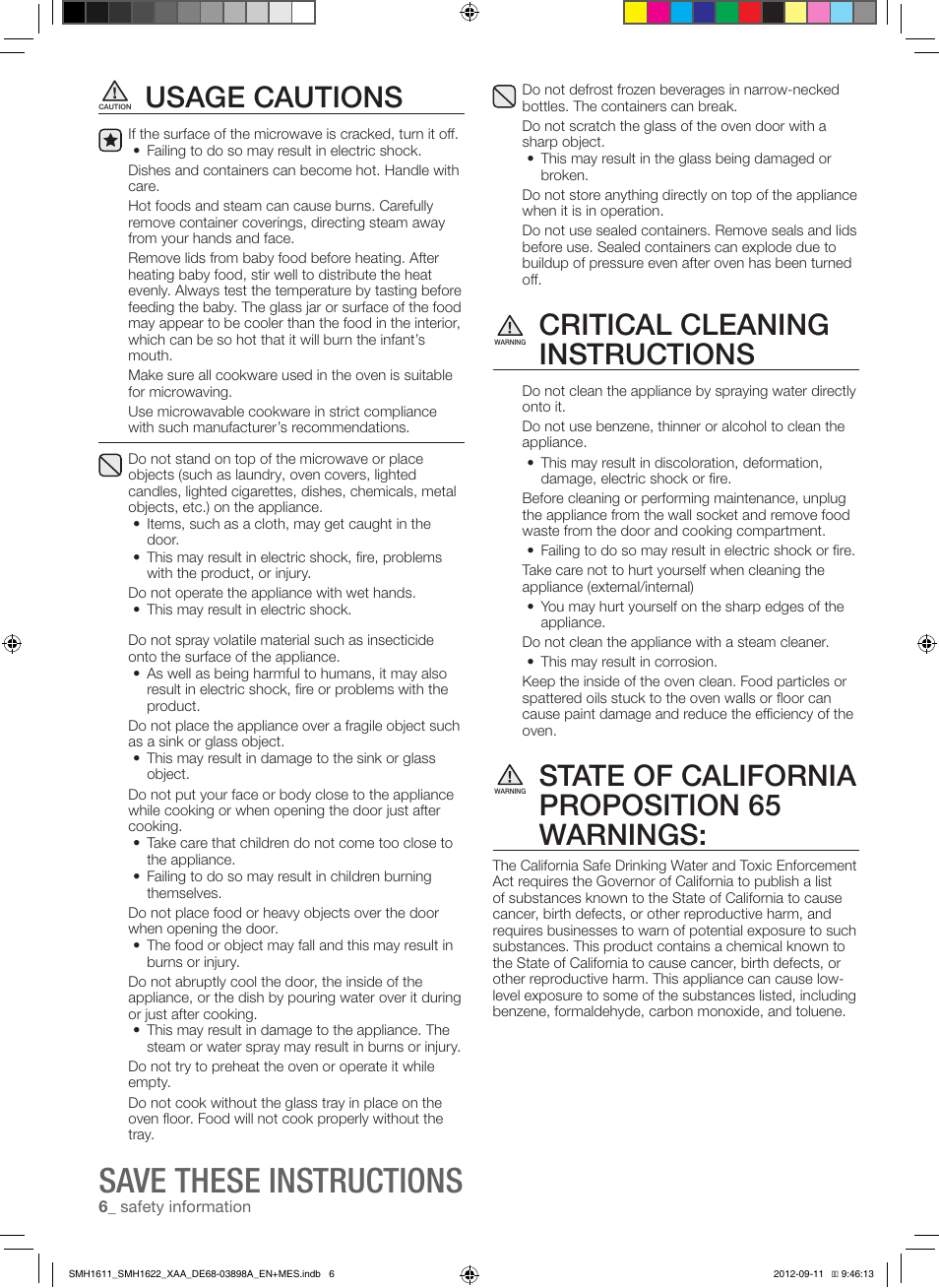 Save these instructions, Usage cautions, Critical cleaning instructions | State of california proposition 65 warnings | Samsung SMH1622S-XAA User Manual | Page 6 / 48
