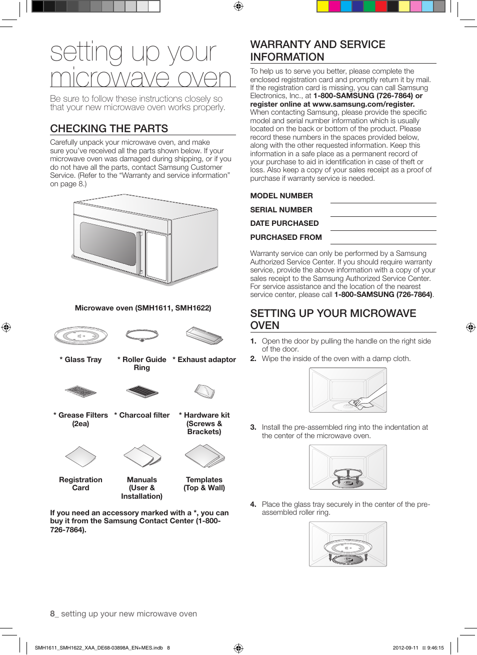 Setting up your microwave oven, Checking the parts, Warranty and service information | Samsung SMH1622S-XAA User Manual | Page 8 / 48