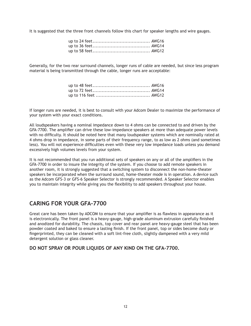 Caring for your gfa-7700 | Adcom GFA-7700 User Manual | Page 12 / 16