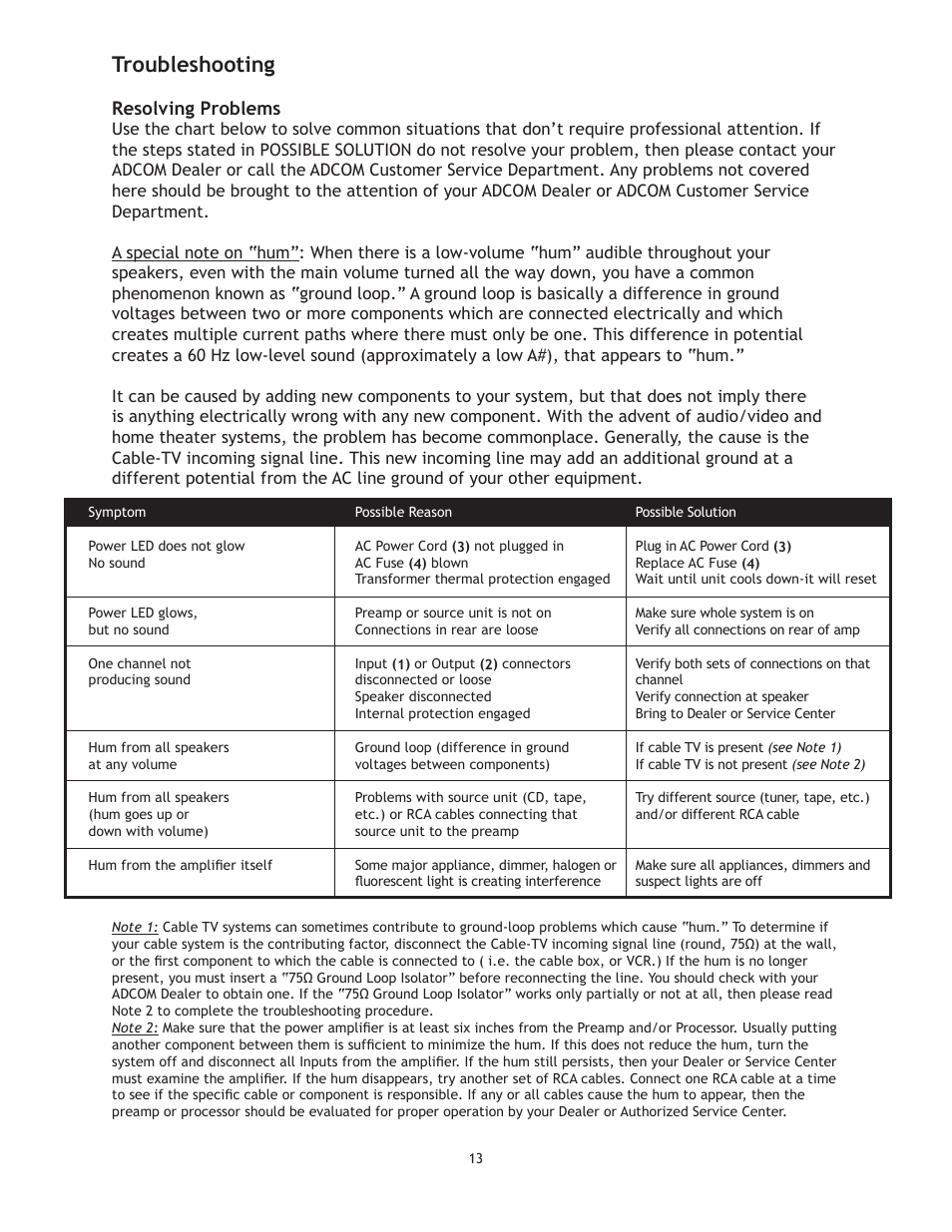 Troubleshooting | Adcom GFA-7700 User Manual | Page 13 / 16