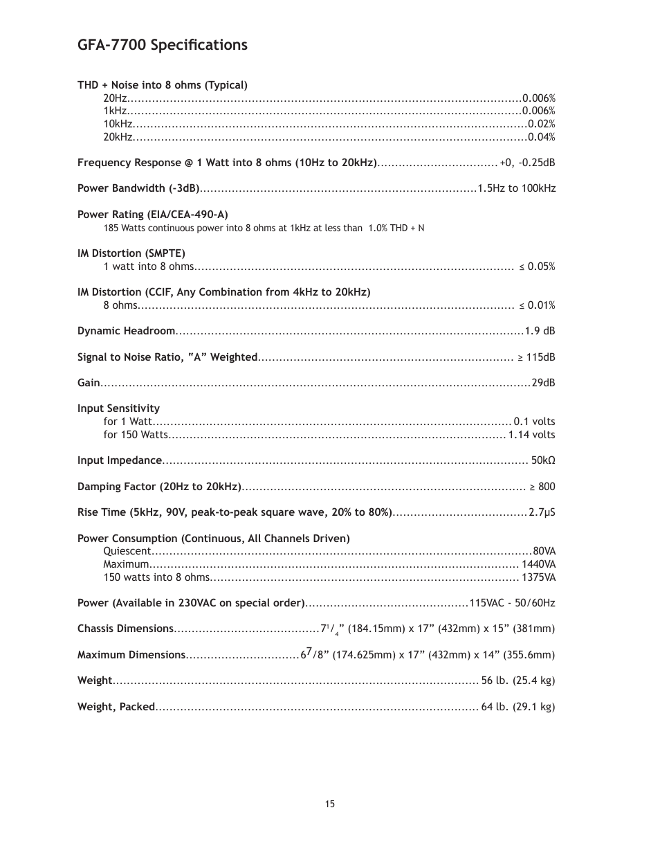 Gfa-7700 specifications | Adcom GFA-7700 User Manual | Page 15 / 16