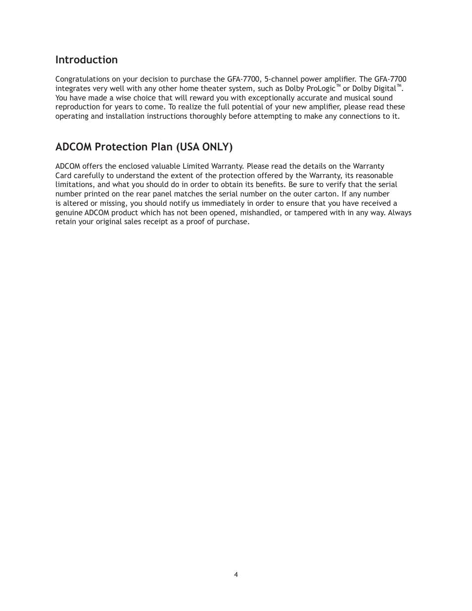 Introduction, Adcom protection plan (usa only) | Adcom GFA-7700 User Manual | Page 4 / 16