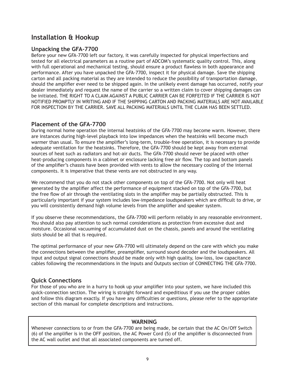 Installation & hookup | Adcom GFA-7700 User Manual | Page 9 / 16