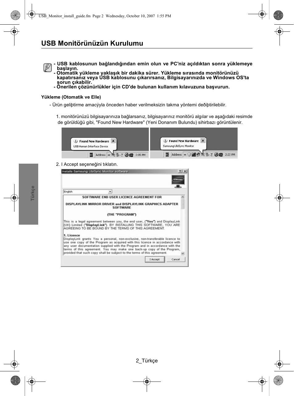 Usb monitörünüzün kurulumu, 安装 usb 显示器, 安裝 usb 顯示器 | Samsung LS19UBPEBQ-XAA User Manual | Page 22 / 47